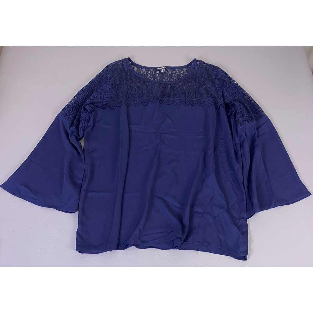 Roz & Ali Blouse Top Womens Plus 2X Navy Blue Lace Yoke Bell Sleeve Scoop Neck